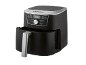 Black air fryer with a digital display showing 200 degrees and cooking options.