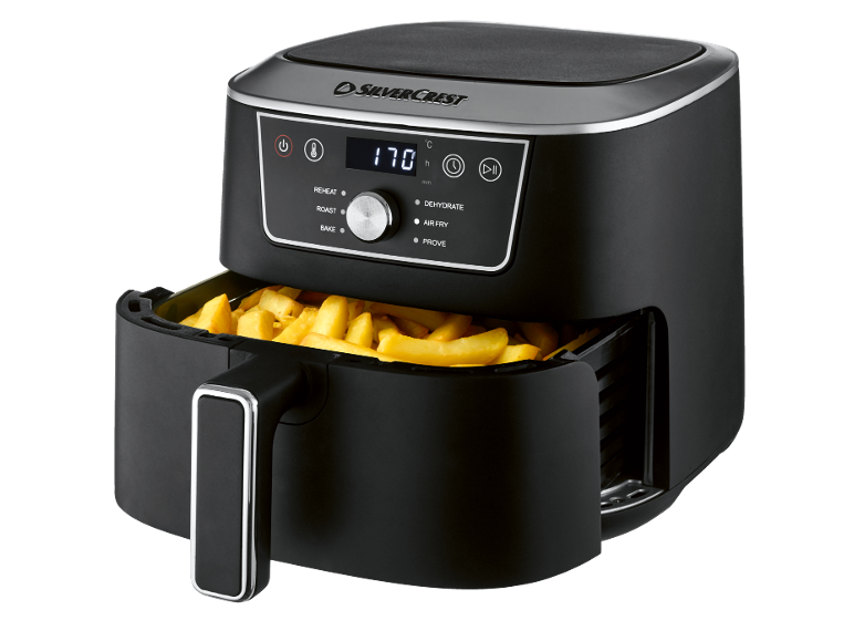 Black air fryer with french fries, digital display, and cooking modes.