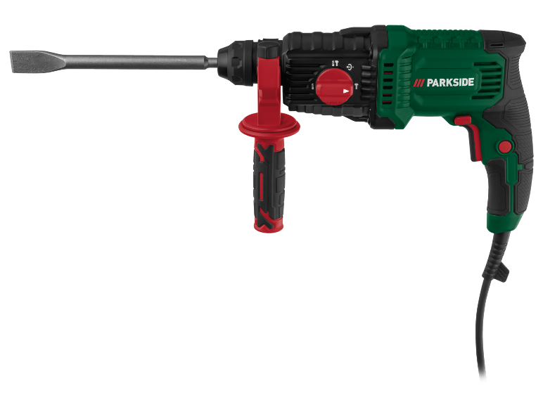Green and black rotary hammer drill with a red handle and chisel.