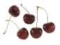 Five fresh, dark red cherries with green stems on a white background.