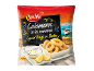 Squid rings in batter with sauce and lemon, 500g, on a marine background.