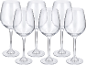 Six empty wine glasses with long stems and round bases on a black background.