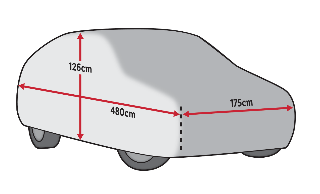 Car cover dimensions: 126cm height, 480cm length, 175cm width.