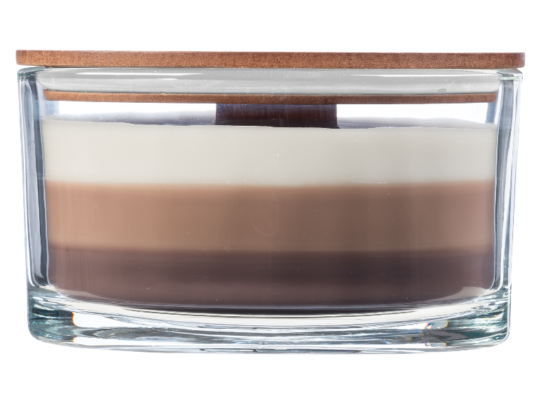 Layered candle in a glass jar with a wooden lid, featuring white, light brown, and dark brown layers.