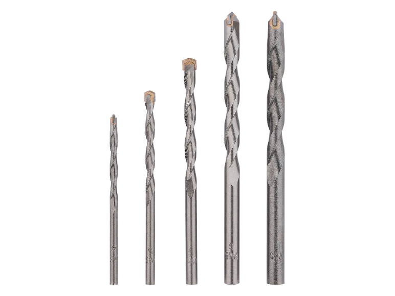 Set of five concrete drill bits in various sizes (4, 5, 6, 8, 10 mm) on a black background.