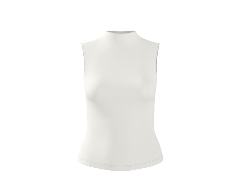 White sleeveless mock neck top on a black background.