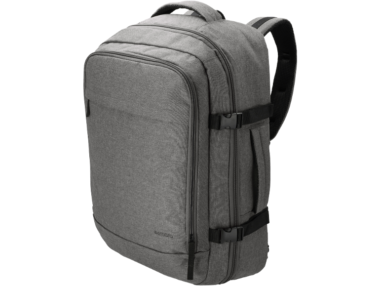 Grey travel backpack with zippered compartments and compression straps