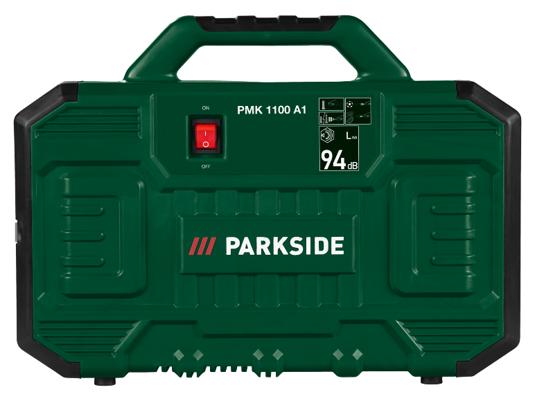 Green portable electric generator with on/off switch and 94 dB noise level.