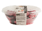 Vanilla and forest fruits dairy ice cream and sorbet with chocolate decoration in a clear tub.