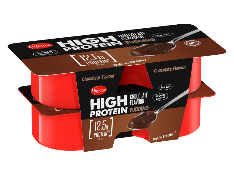 Two chocolate high protein puddings, 12.5g protein per pot, low fat, no added sugar.