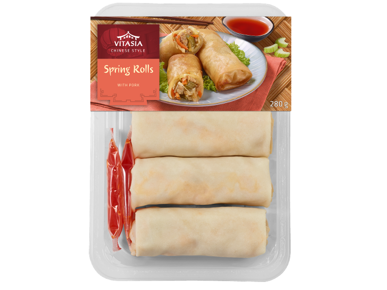 Spring rolls with pork, 280g, in a white tray with sauce sachets.