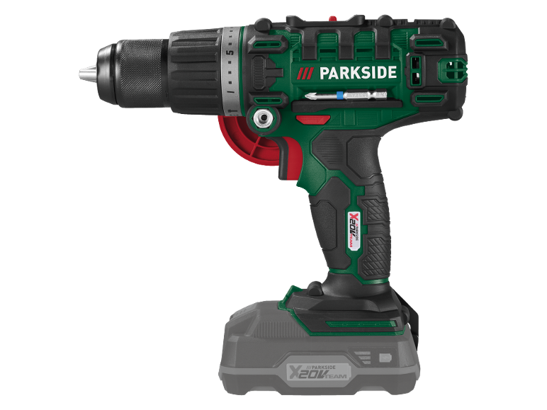 Cordless drill with battery, green and black, featuring X20V TEAM text