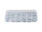 Assortment of O-rings in various sizes in a transparent organizer.