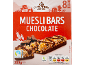 Muesli bars with chocolate, 8 bars, 200g, Fairtrade cocoa, vegetarian, with nutritional info.