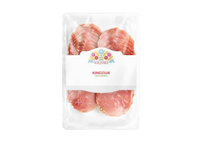 Packaged sliced cured meat, Kindziuk with pepper, featuring a folk-inspired label.
