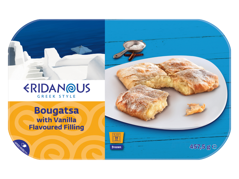 Bougatsa with vanilla flavoured filling, Greek style, with a Santorini background.