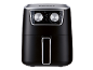 Black air fryer with two rotary dials for temperature and timer.