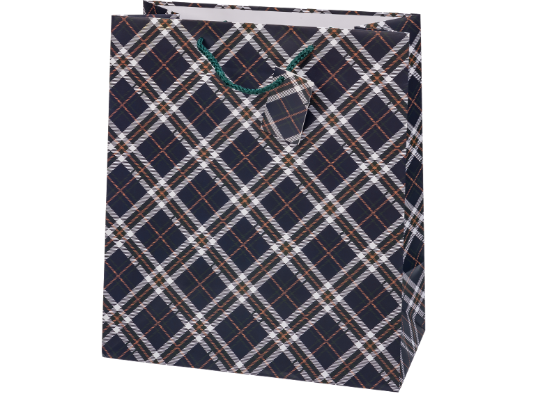 Gift bag with navy, white, and orange plaid pattern with green handles.