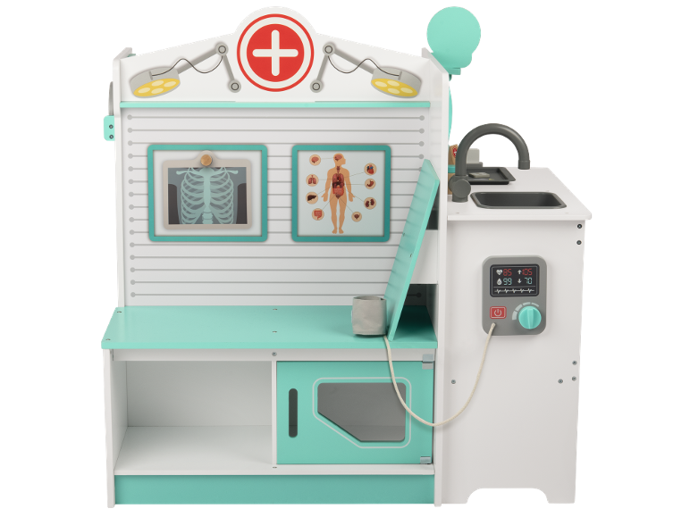 Wooden doctor play set with X-ray, vital signs monitor, and sink.