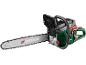 Green and black petrol chainsaw with a long silver blade