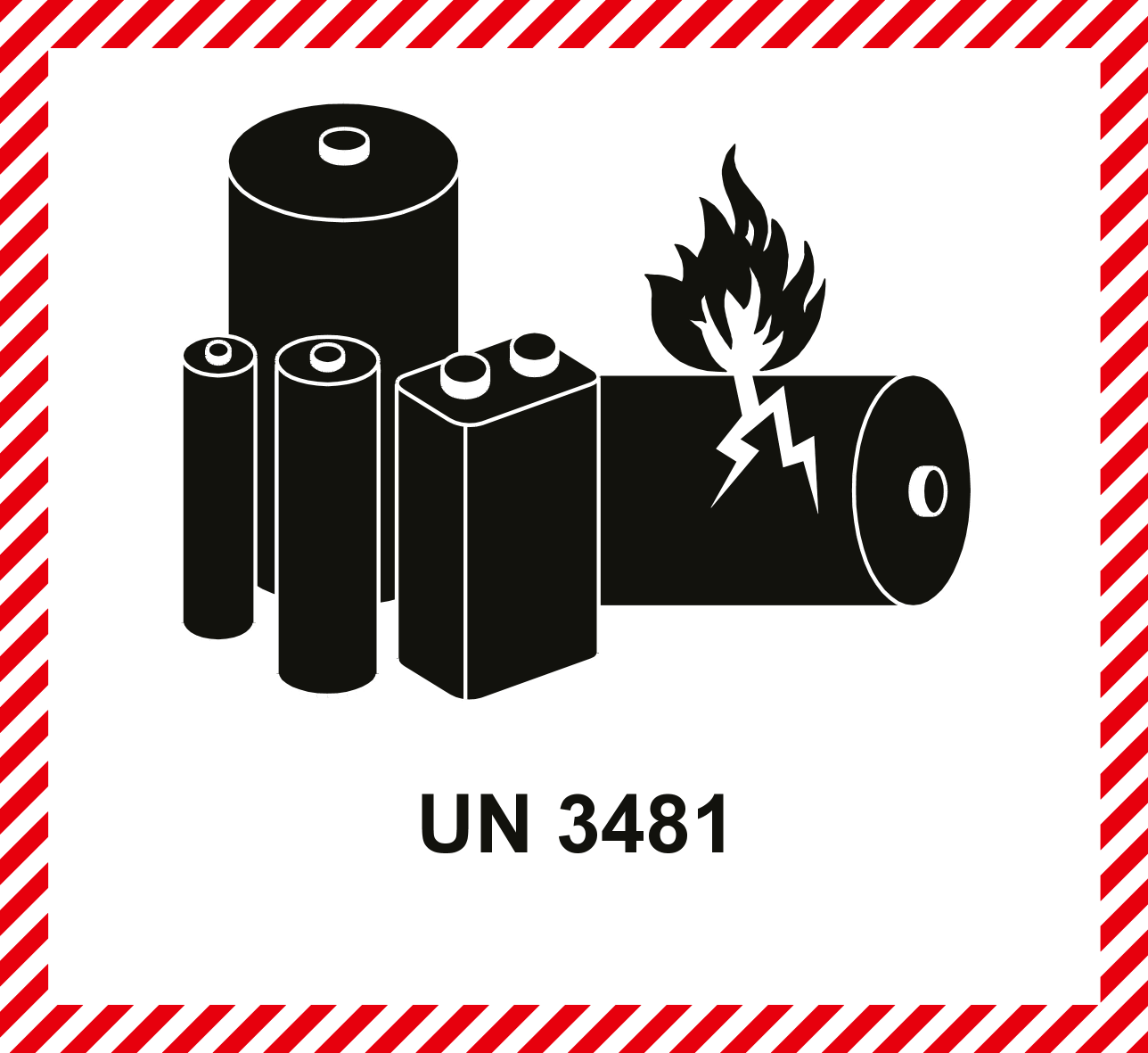 UN 3481 hazard label for damaged or defective lithium batteries.