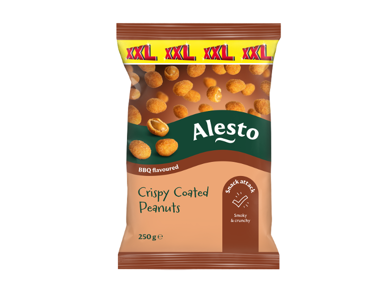 Bag of crispy coated BBQ flavoured peanuts, 250g.