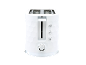 White toaster with hexagonal pattern, dual slots, lever, and function buttons.