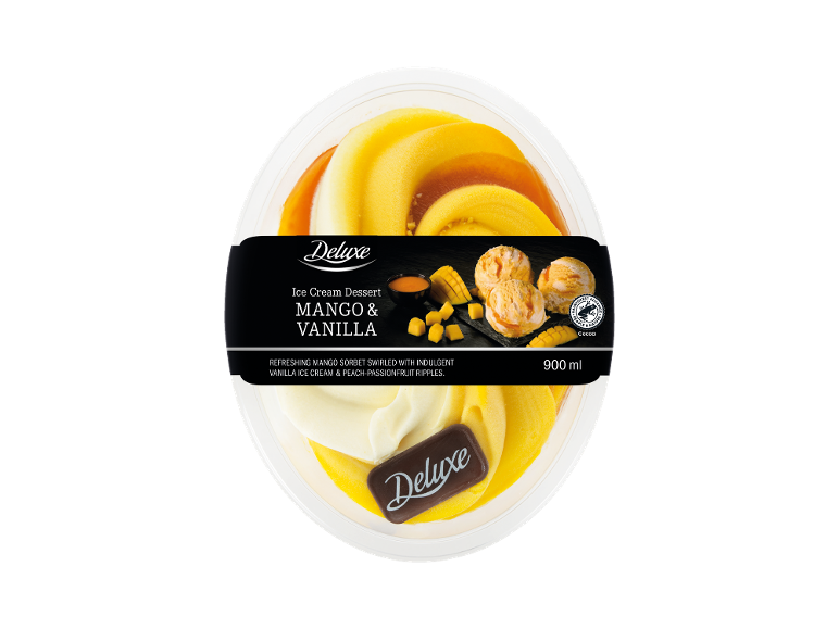 Mango and vanilla ice cream dessert with peach-passionfruit ripples, 900 ml.