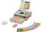 Wooden toy cash register with banknotes, cards, and products.