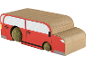 Red cardboard cat scratcher shaped like a bus with two catnip balls.