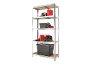 Metal shelving unit with a red jerrycan, toolboxes, safety boots, and gloves.