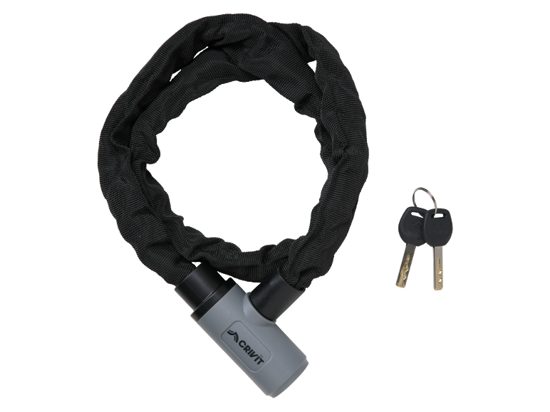 Bicycle security chain with black fabric cover and two keys.