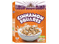 Cinnamon cereal box with a bowl of cereal and milk, with nutritional information.