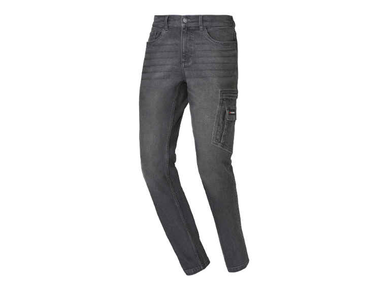 Dark grey work jeans with side pockets and a cargo pocket.