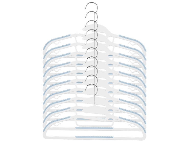 Stack of 11 white clothes hangers with metal hooks and blue non-slip details