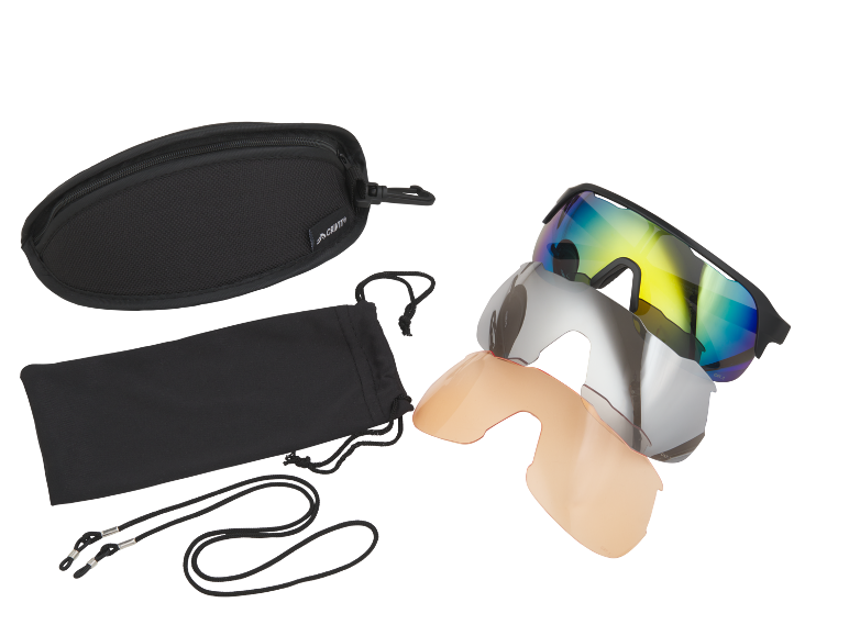 Sports glasses with three interchangeable lenses, a case, a pouch, and a cord.