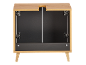 Open wooden bathroom vanity unit with two doors, black interior, and light wooden legs.