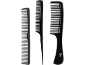 Three black hair combs of different styles, including a tail comb.