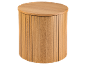 Round wooden side table with vertical slats.