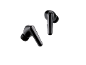 Two black wireless earbuds on a black background.