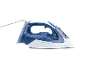 White and blue steam iron with a cable and various functions