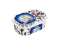 Stracciatella ice cream tub with chocolate chips, featuring blue labels.
