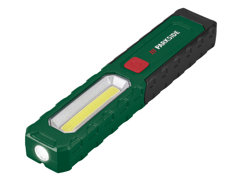 Green and black LED work light with red button and side illumination