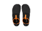A pair of black water shoes with orange details, viewed from above.