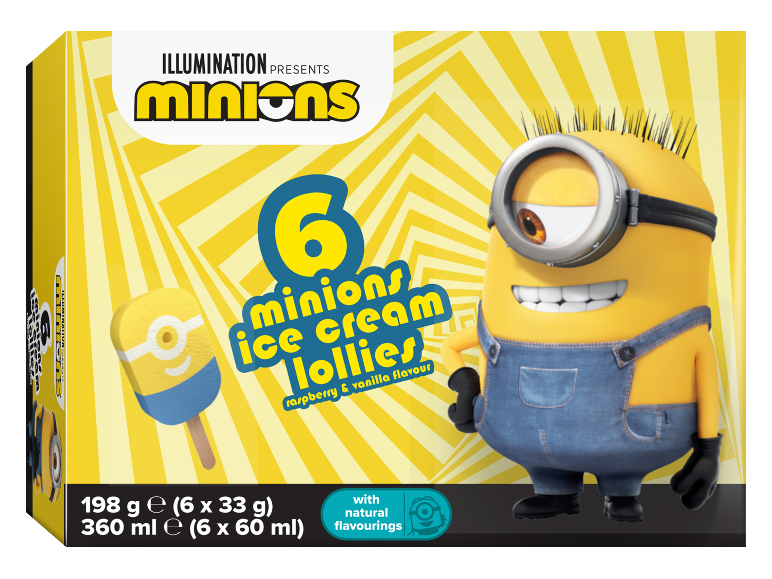 Packaging of Minions ice cream lollies with raspberry and vanilla flavour.