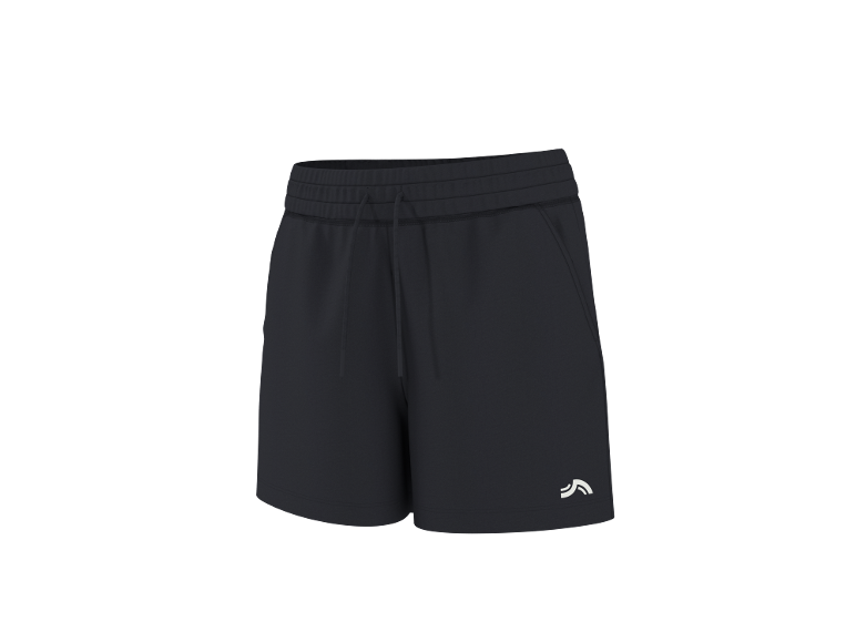 Black sports shorts with a drawstring waist and a white logo.