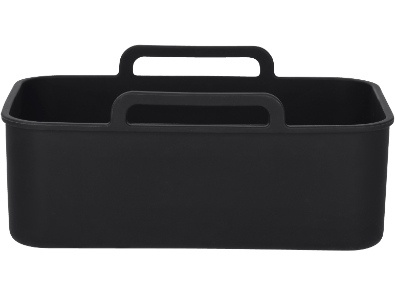 Black organizer basket with handles, ideal for versatile storage.