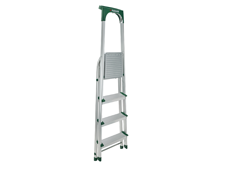 Aluminum stepladder with anti-slip steps and a green top handle.