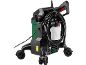 Pressure washer with coiled hose, detergent tank, and wheels.