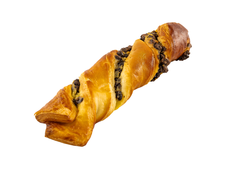 Golden twisted pastry with chocolate chips on a black background.